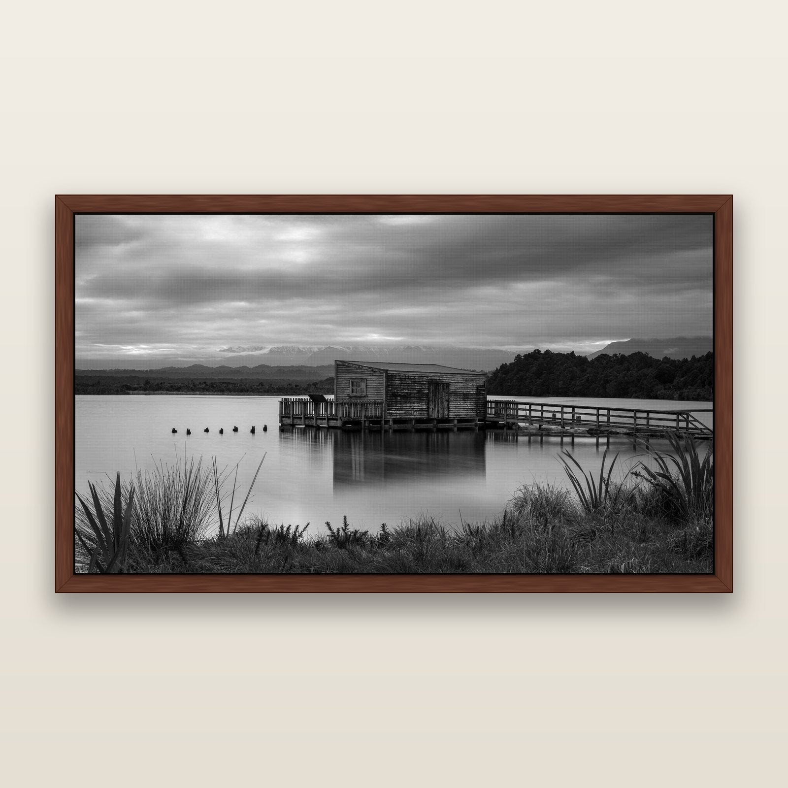 Guardian of the Lagoon, Ōkārito's Tranquil Embrace, framed metallic canvas print, Brown frame. New Zealand fine art landscape wall art by Stephen Milner.