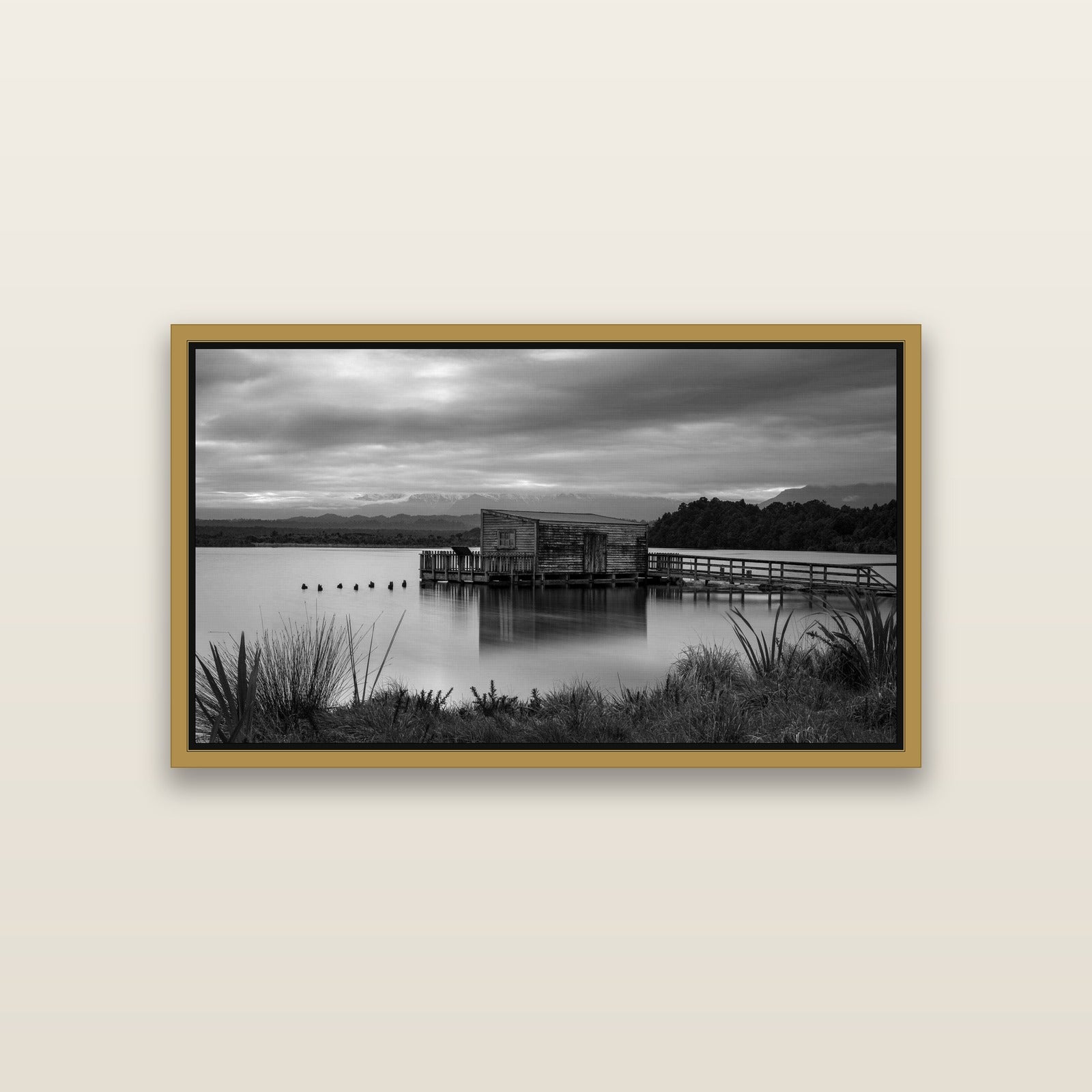 Guardian of the Lagoon, Ōkārito's Tranquil Embrace — Antique Gold framed metallic canvas print, small 81 × 46 cm. New Zealand fine art landscape wall art by Stephen Milner.