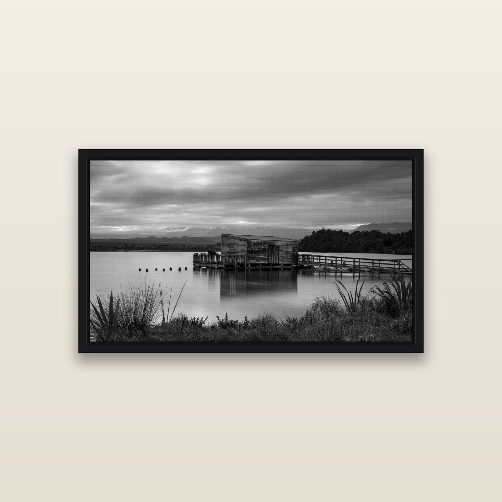 Guardian of the Lagoon, Ōkārito's Tranquil Embrace — Black framed metallic canvas print, small 81 × 46 cm. New Zealand fine art landscape wall art by Stephen Milner.