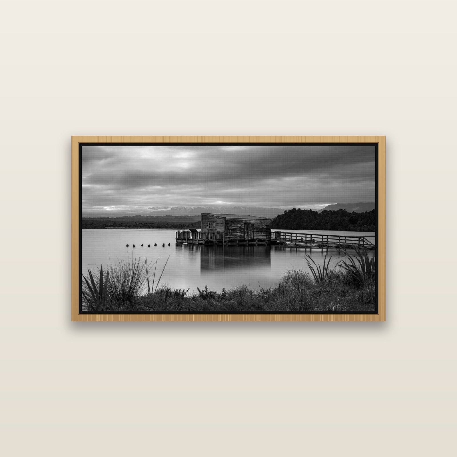 Guardian of the Lagoon, Ōkārito's Tranquil Embrace — Natural framed metallic canvas print, small 81 × 46 cm. New Zealand fine art landscape wall art by Stephen Milner.