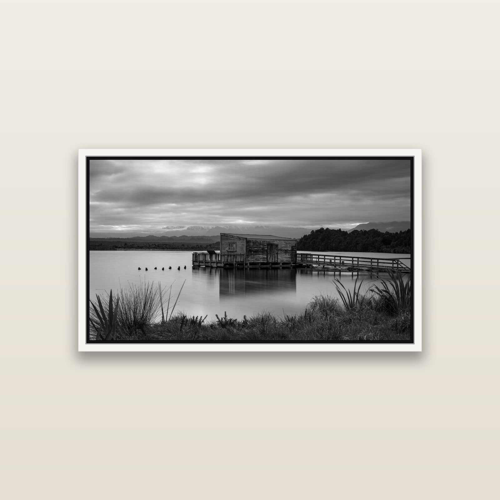 Guardian of the Lagoon, Ōkārito's Tranquil Embrace — White framed metallic canvas print, small 81 × 46 cm. New Zealand fine art landscape wall art by Stephen Milner.