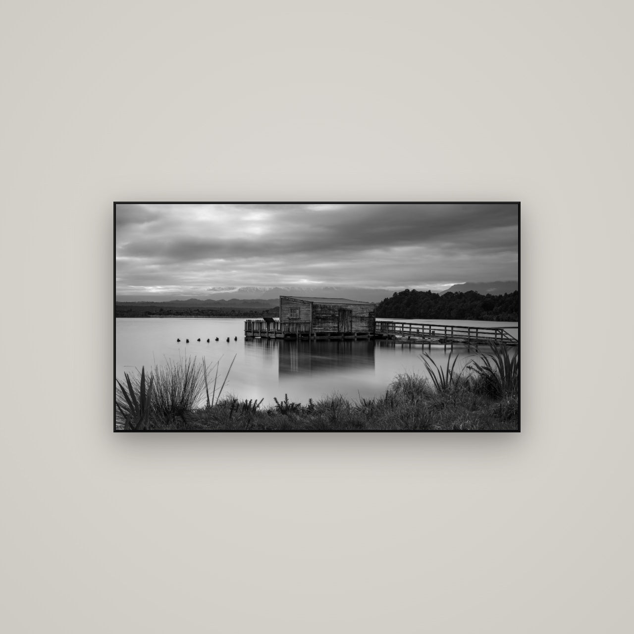 Guardian of the Lagoon, Ōkārito's Tranquil Embrace — ArtBox Black, 107×60 cm. New Zealand fine art wall art by Stephen Milner.