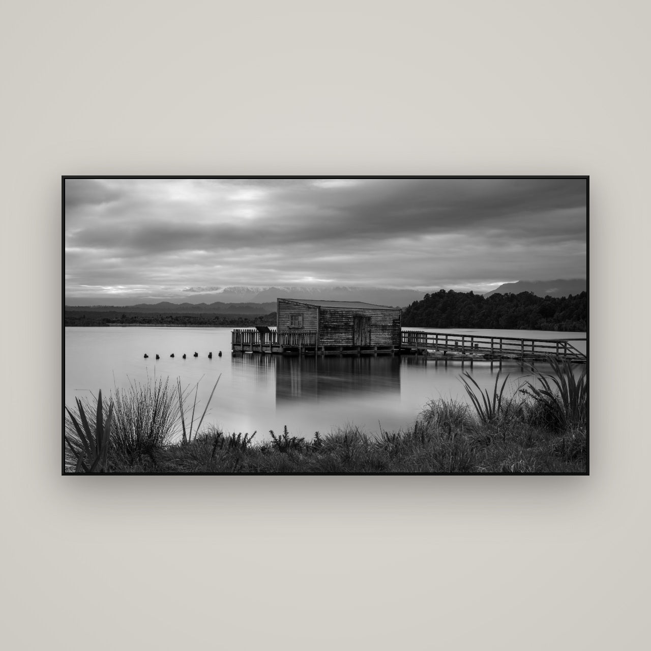 Guardian of the Lagoon, Ōkārito's Tranquil Embrace — ArtBox Black, 160×90 cm. New Zealand fine art wall art by Stephen Milner.