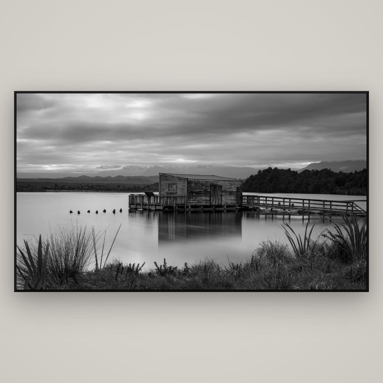 Guardian of the Lagoon, Ōkārito's Tranquil Embrace — ArtBox Black, 196×110 cm. New Zealand fine art wall art by Stephen Milner.