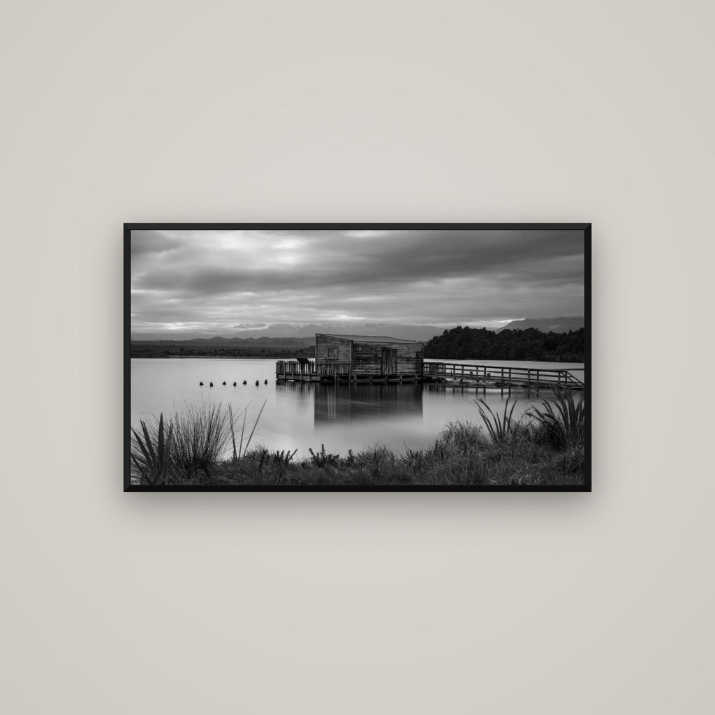 Guardian of the Lagoon, Ōkārito's Tranquil Embrace — Basel Black Matte, 107×60 cm. New Zealand fine art wall art by Stephen Milner.