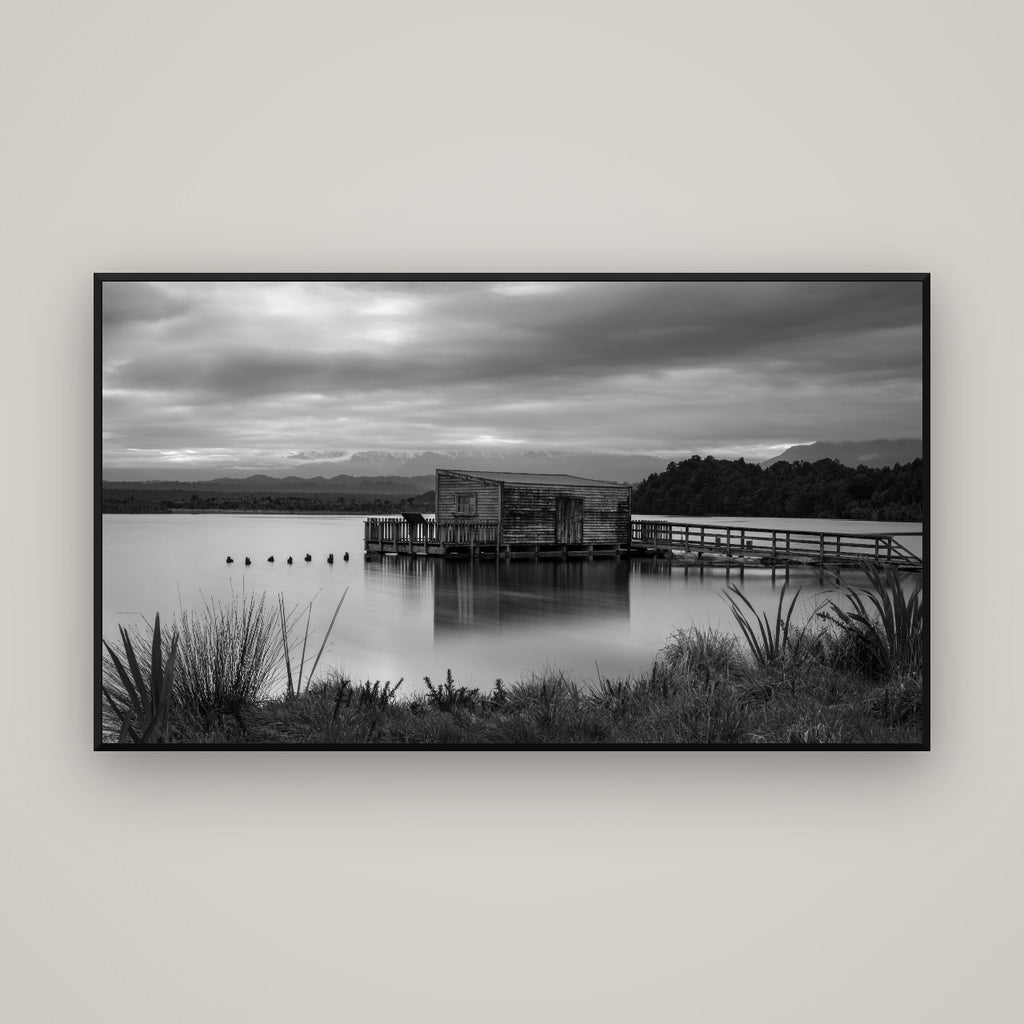 Guardian of the Lagoon, Ōkārito's Tranquil Embrace — Basel Black Matte, 160×90 cm. New Zealand fine art wall art by Stephen Milner.