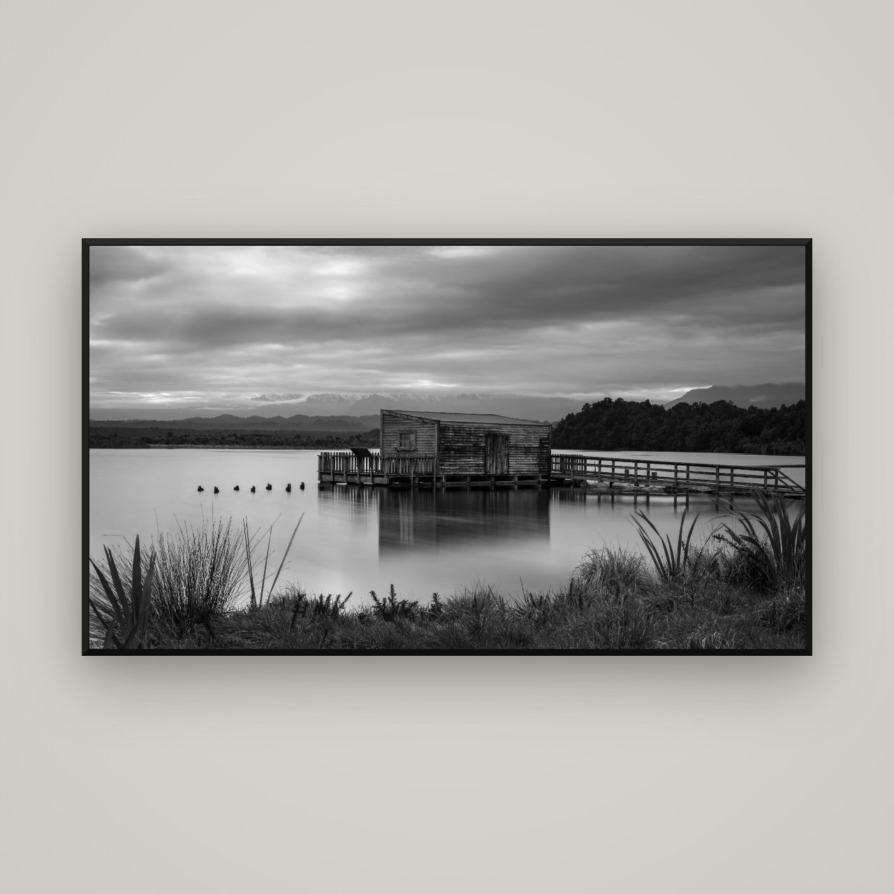 Guardian of the Lagoon, Ōkārito's Tranquil Embrace — Basel Black, 160×90 cm. New Zealand fine art wall art by Stephen Milner.