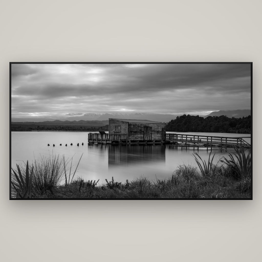 Guardian of the Lagoon, Ōkārito's Tranquil Embrace — Basel Black Matte, 196×110 cm. New Zealand fine art wall art by Stephen Milner.