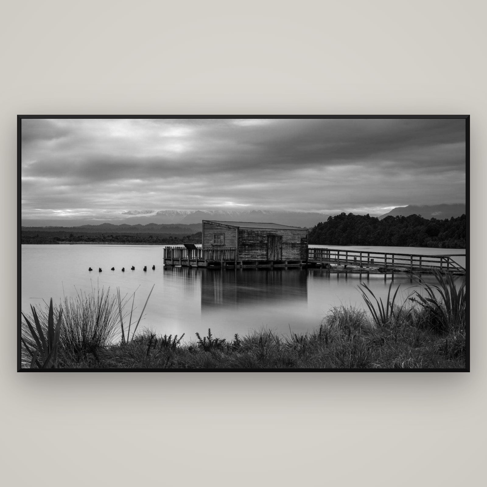 Guardian of the Lagoon, Ōkārito's Tranquil Embrace — Basel Black Matte, 196×110 cm. New Zealand fine art wall art by Stephen Milner.