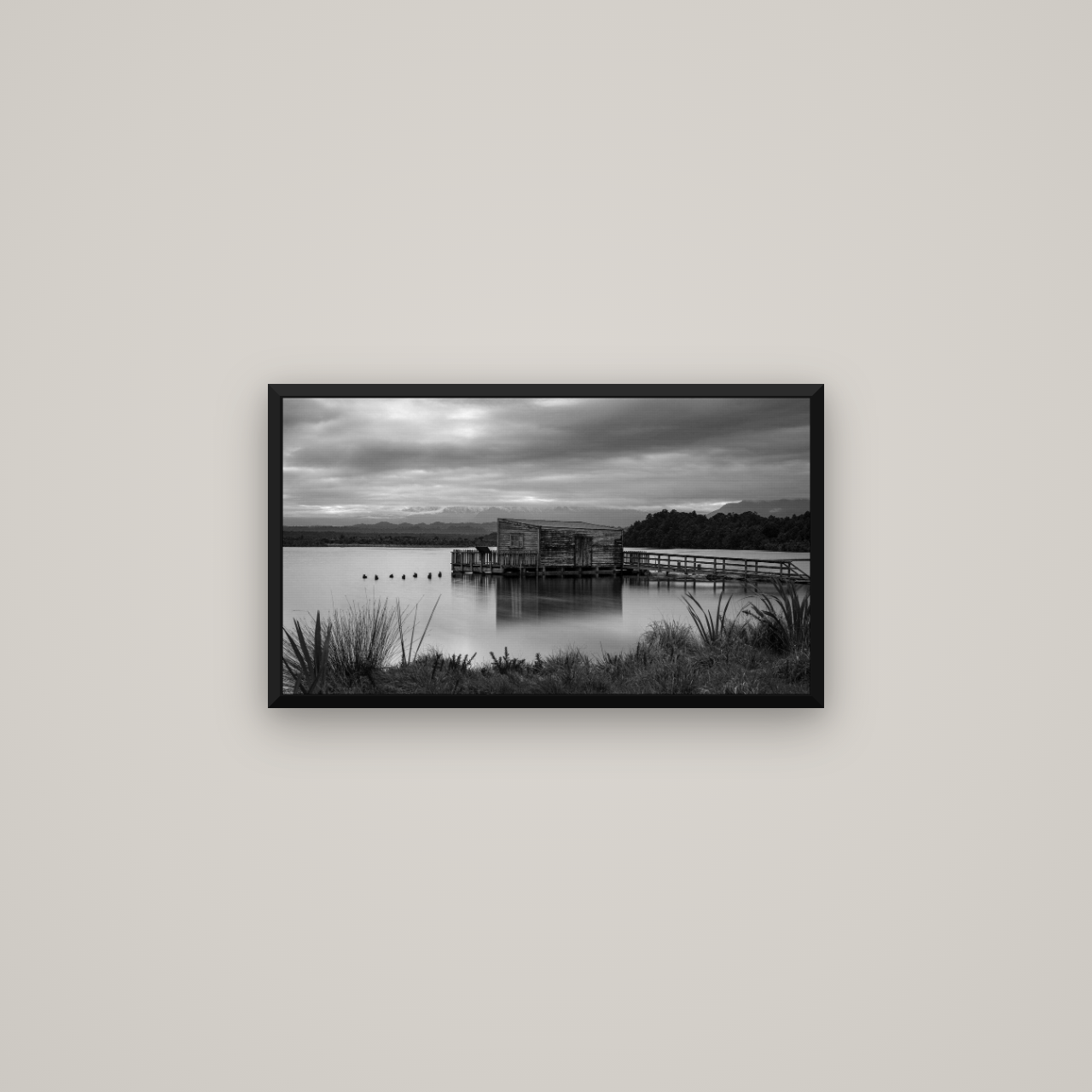 Guardian of the Lagoon, Ōkārito's Tranquil Embrace — Basel Black Matte, 64×36 cm. New Zealand fine art wall art by Stephen Milner.
