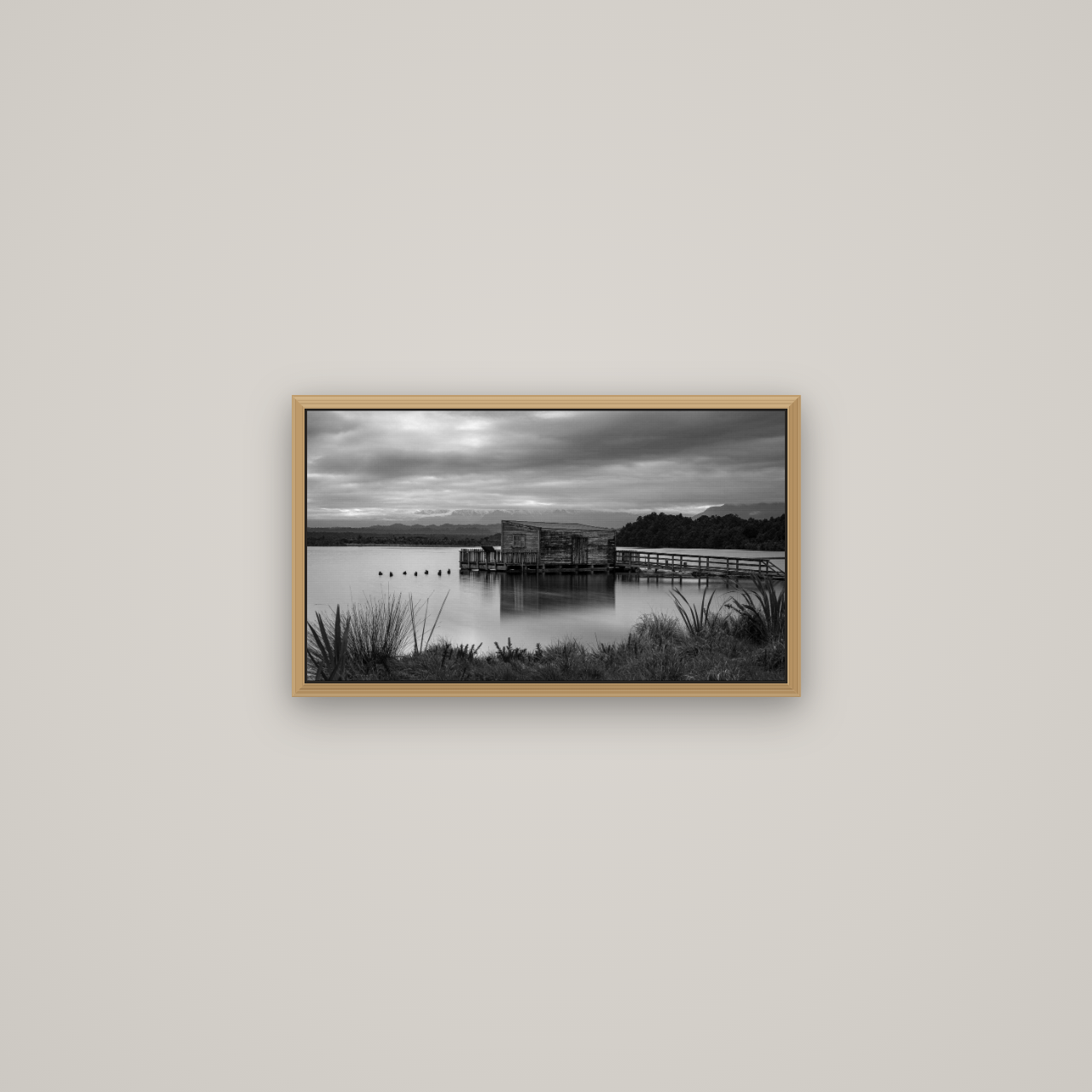 Guardian of the Lagoon, Ōkārito's Tranquil Embrace, Basel Natural Oak, 53×30 cm. New Zealand fine art wall art by Stephen Milner.