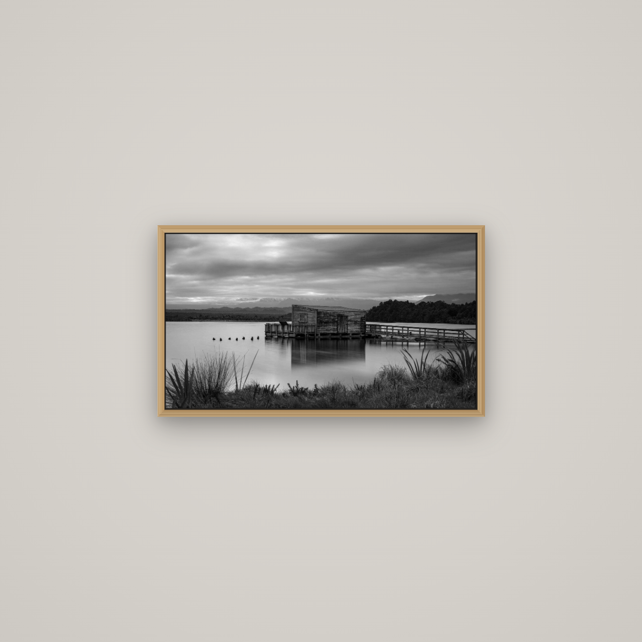 Guardian of the Lagoon, Ōkārito's Tranquil Embrace, Basel Natural Oak, 64×36 cm. New Zealand fine art wall art by Stephen Milner.
