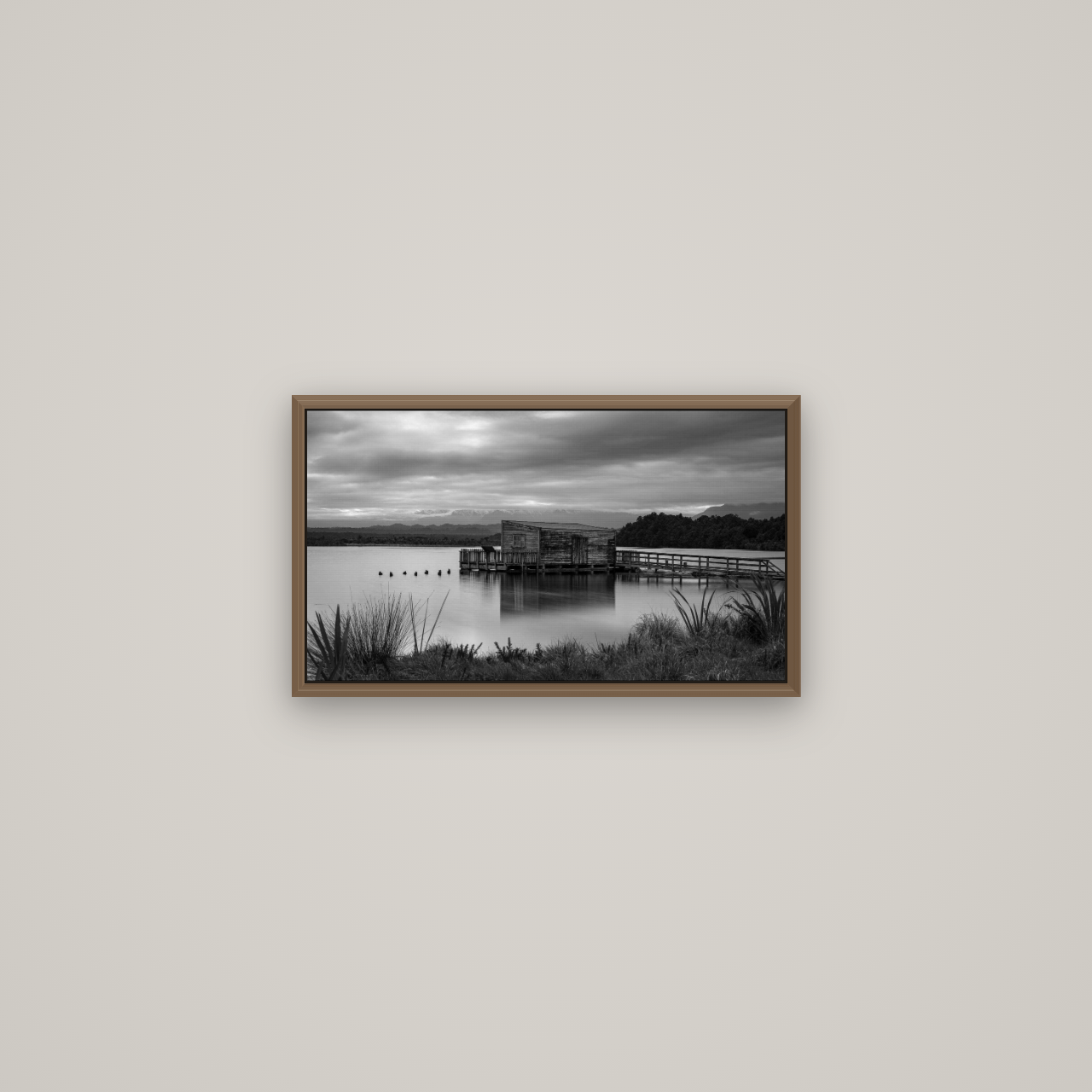 Guardian of the Lagoon, Ōkārito's Tranquil Embrace, Basel Walnut, 53×30 cm. New Zealand fine art wall art by Stephen Milner.