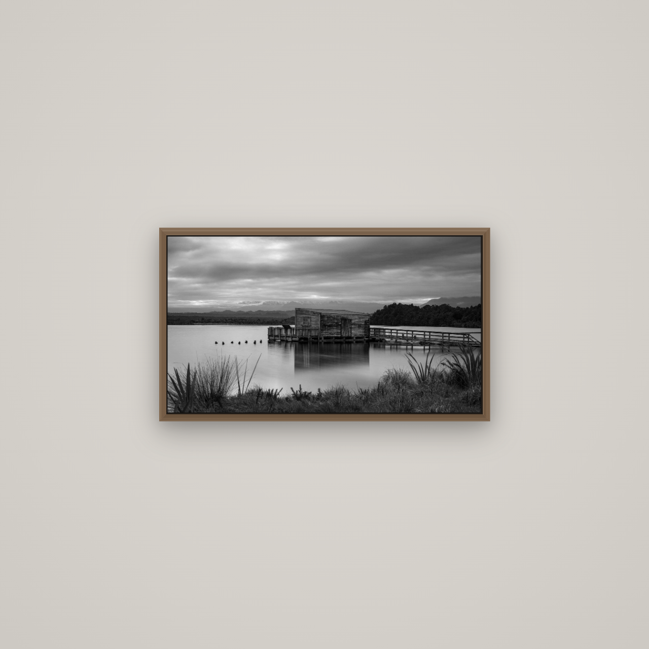 Guardian of the Lagoon, Ōkārito's Tranquil Embrace, Basel Walnut, 64×36 cm. New Zealand fine art wall art by Stephen Milner.
