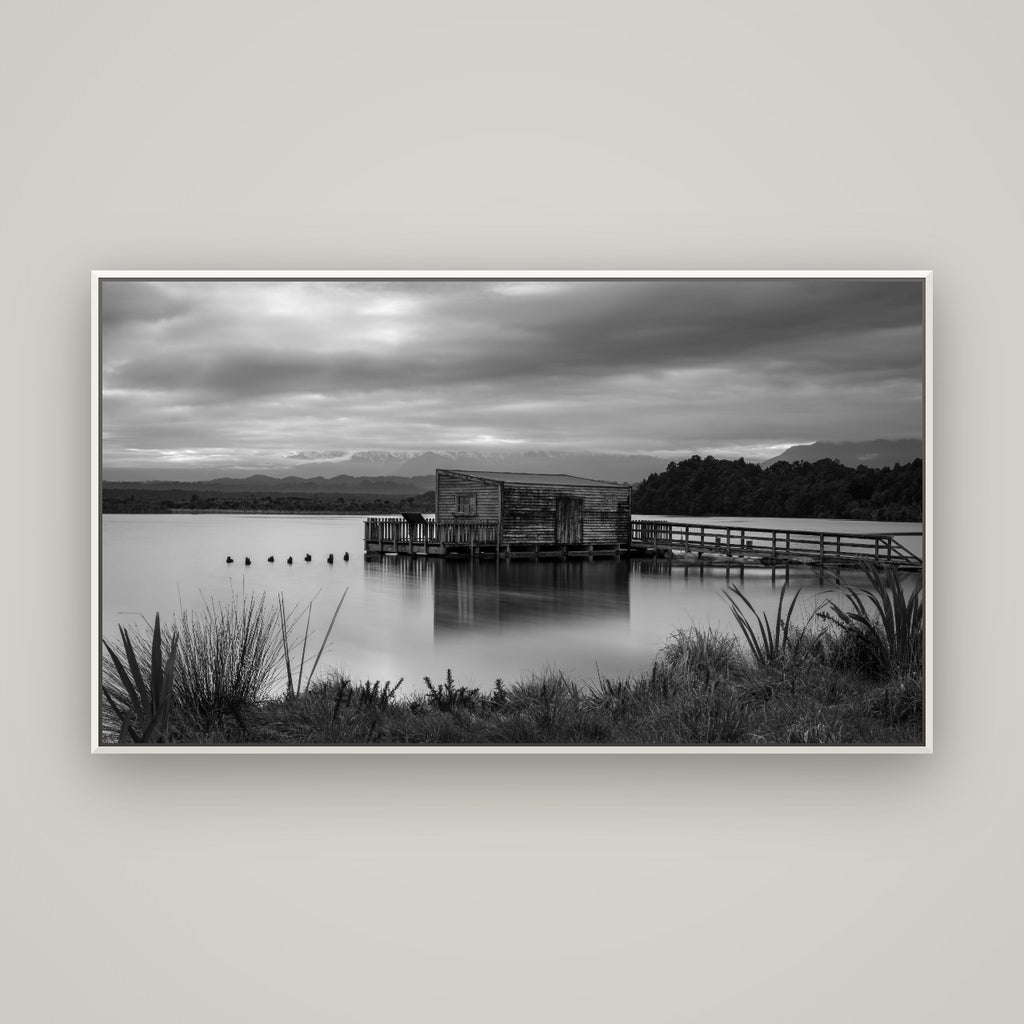 Guardian of the Lagoon, Ōkārito's Tranquil Embrace — Basel White, 160×90 cm. New Zealand fine art wall art by Stephen Milner.