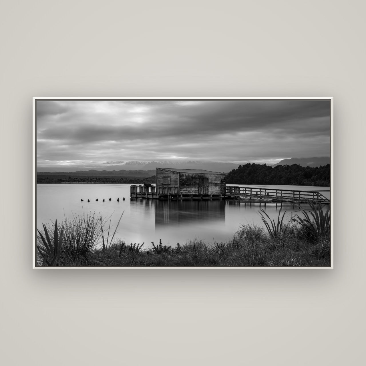 Guardian of the Lagoon, Ōkārito's Tranquil Embrace — Basel White, 160×90 cm. New Zealand fine art wall art by Stephen Milner.