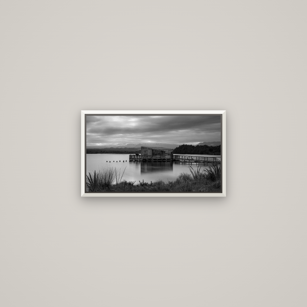 Guardian of the Lagoon, Ōkārito's Tranquil Embrace — Basel White, 53×30 cm. New Zealand fine art wall art by Stephen Milner.