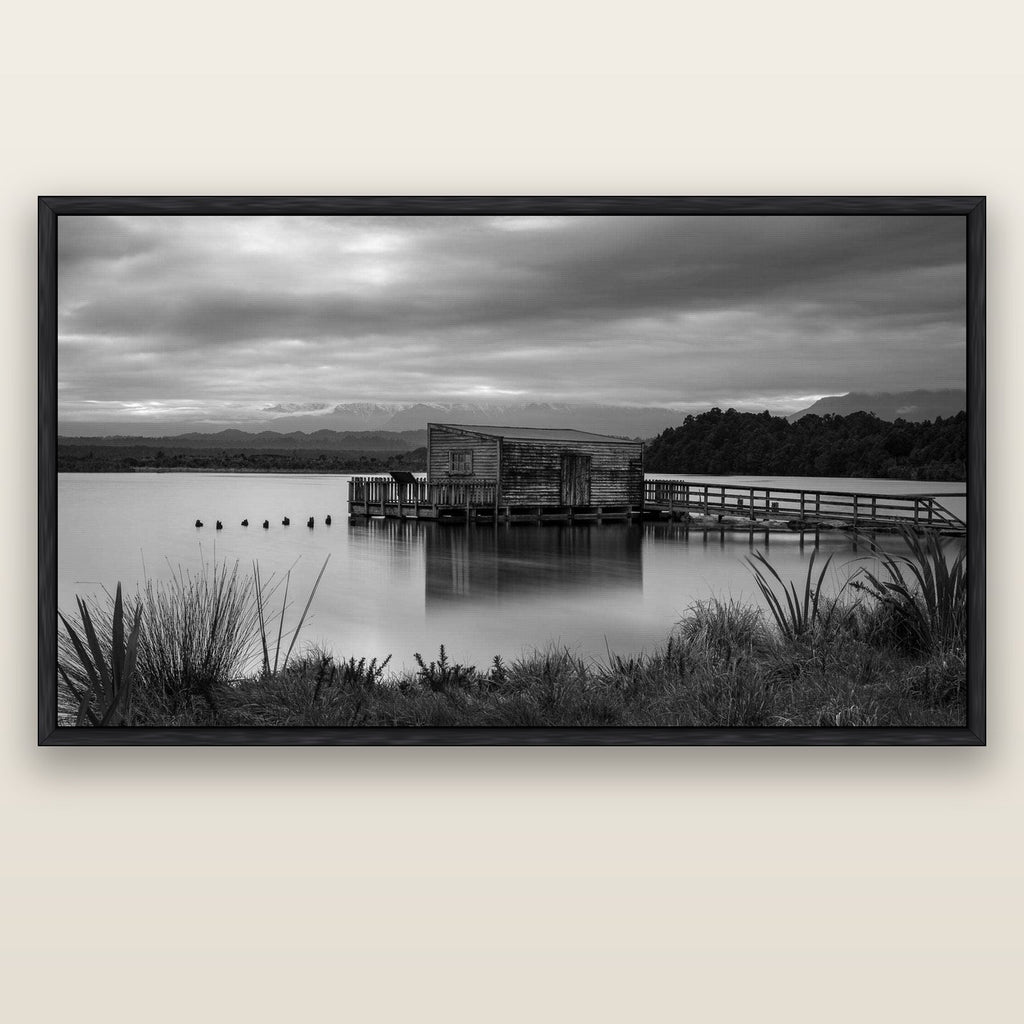 Guardian of the Lagoon, Ōkārito's Tranquil Embrace — black float frame canvas, 200 × 130 cm. New Zealand fine art landscape wall art by Stephen Milner.