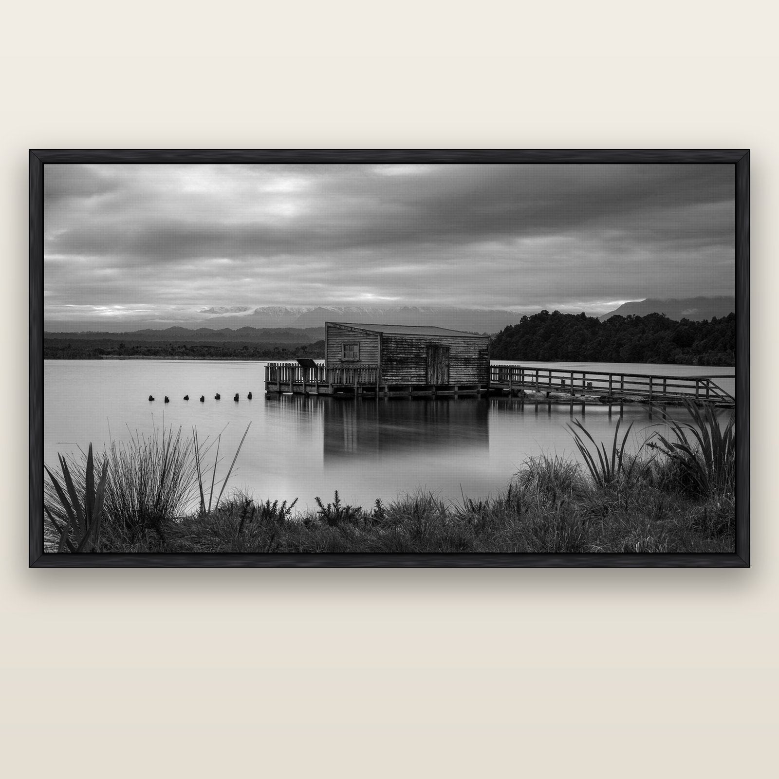 Guardian of the Lagoon, Ōkārito's Tranquil Embrace — black float frame canvas, 200 × 130 cm. New Zealand fine art landscape wall art by Stephen Milner.