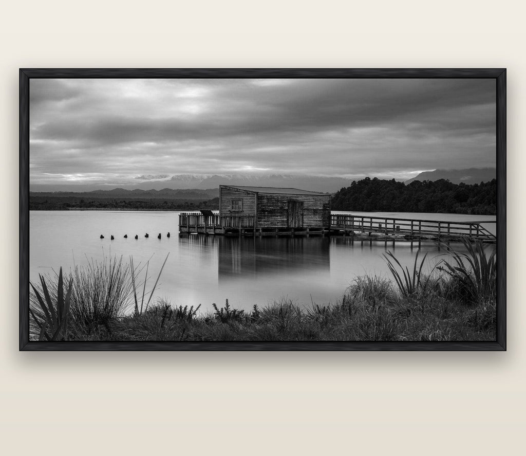 Guardian of the Lagoon, Ōkārito's Tranquil Embrace — black float frame canvas, 200 × 130 cm. New Zealand fine art landscape wall art by Stephen Milner.