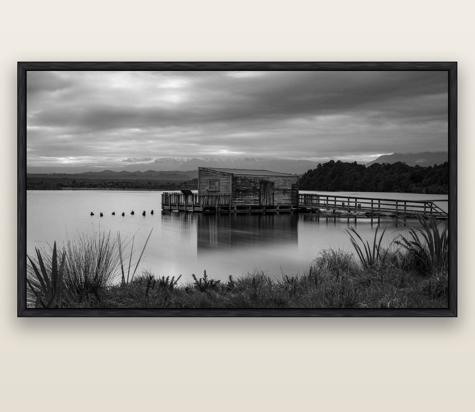 Guardian of the Lagoon, Ōkārito's Tranquil Embrace — black float frame canvas, 200 × 130 cm. New Zealand fine art landscape wall art by Stephen Milner.