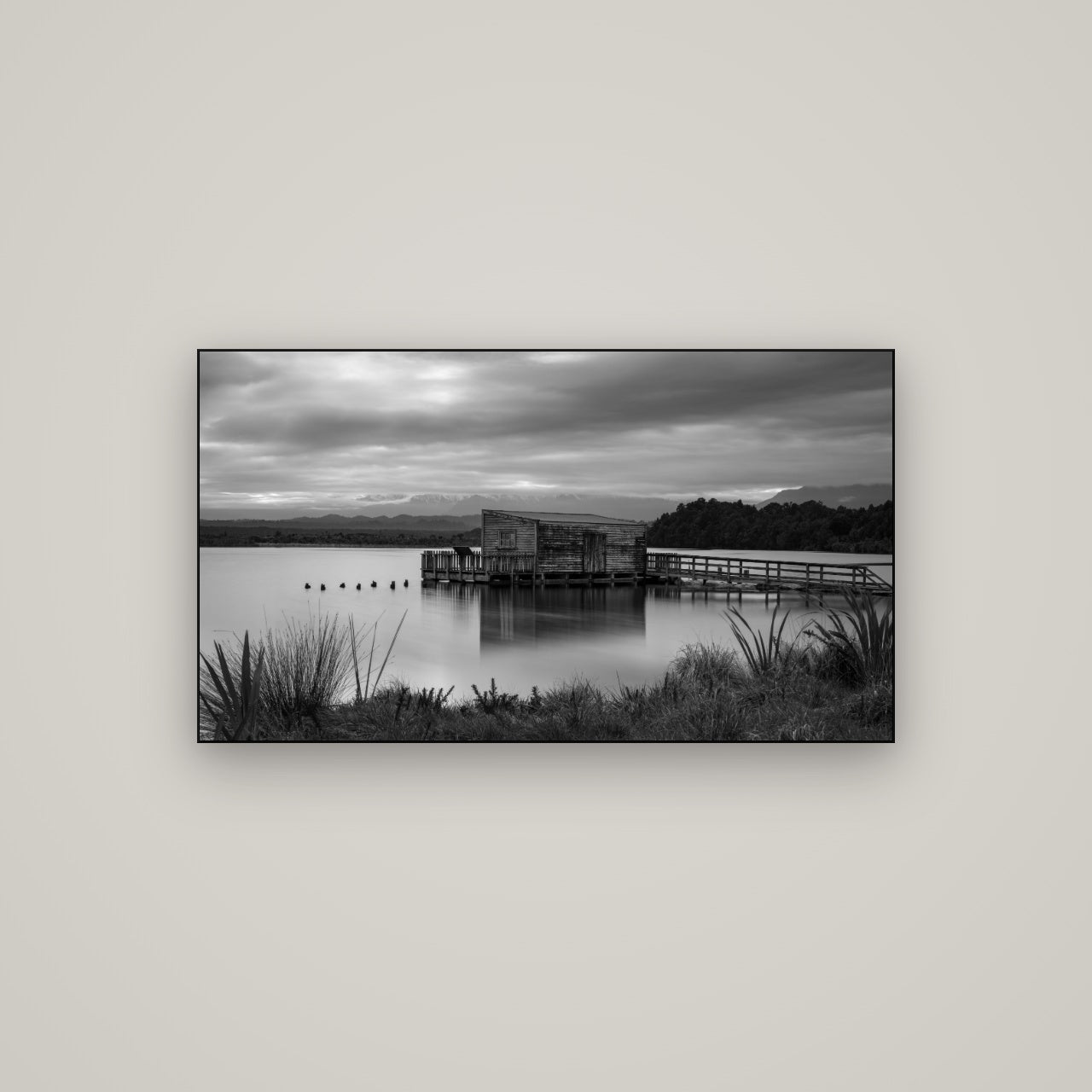 Guardian of the Lagoon, Ōkārito's Tranquil Embrace — Slimline Black, 107×60 cm. New Zealand fine art wall art by Stephen Milner.