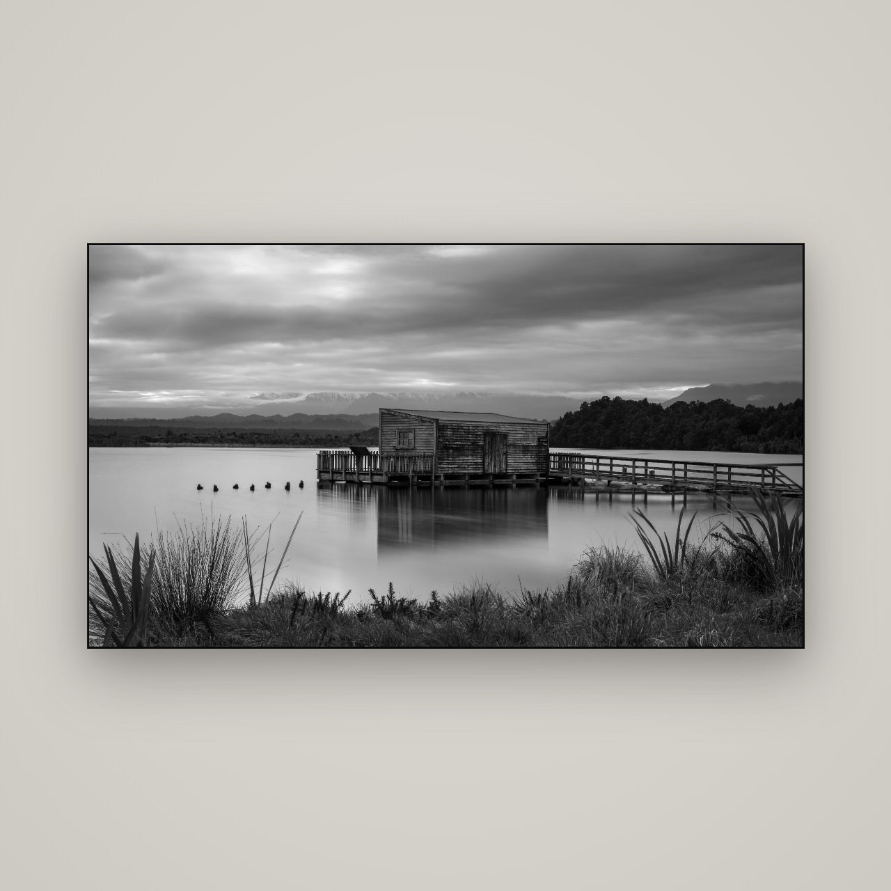 Guardian of the Lagoon, Ōkārito's Tranquil Embrace — Slimline Black, 160×90 cm. New Zealand fine art wall art by Stephen Milner.