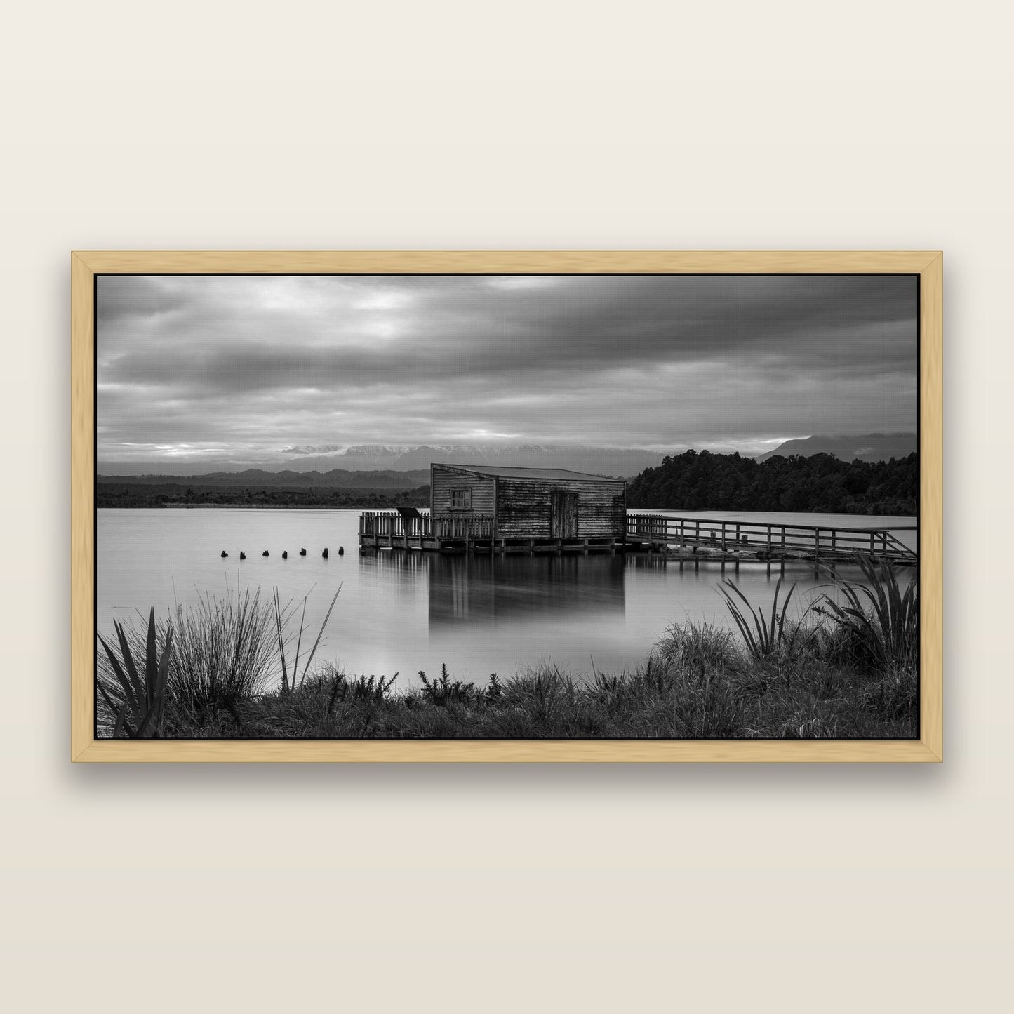 Guardian of the Lagoon, Ōkārito's Tranquil Embrace — framed metallic canvas print, Natural frame. New Zealand fine art landscape wall art by Stephen Milner.