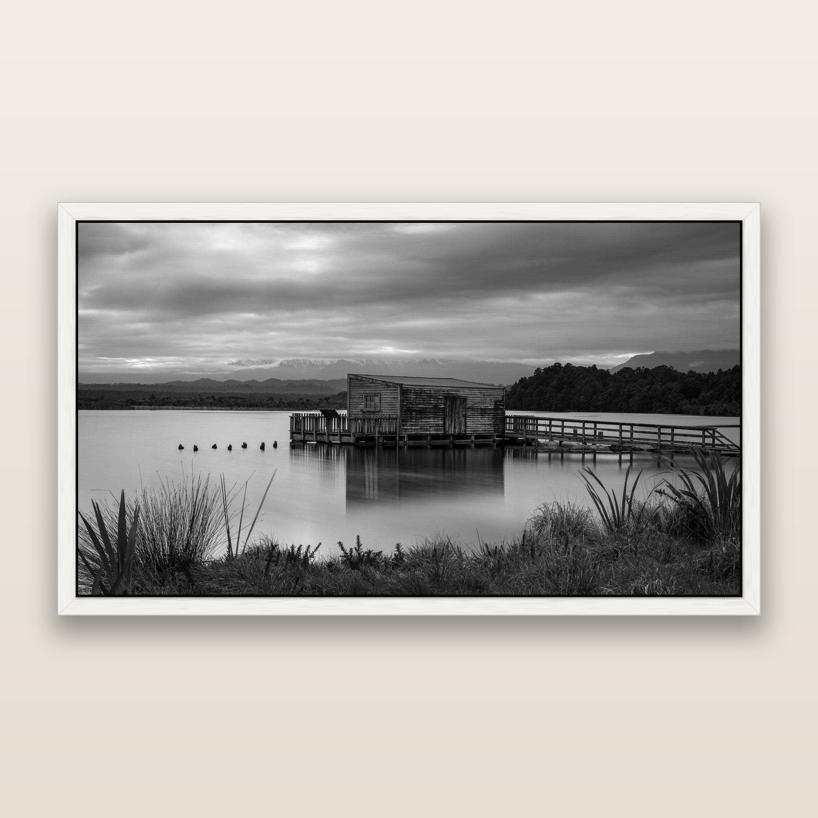 Guardian of the Lagoon, Ōkārito's Tranquil Embrace, framed metallic canvas print, White frame. New Zealand fine art landscape wall art by Stephen Milner.