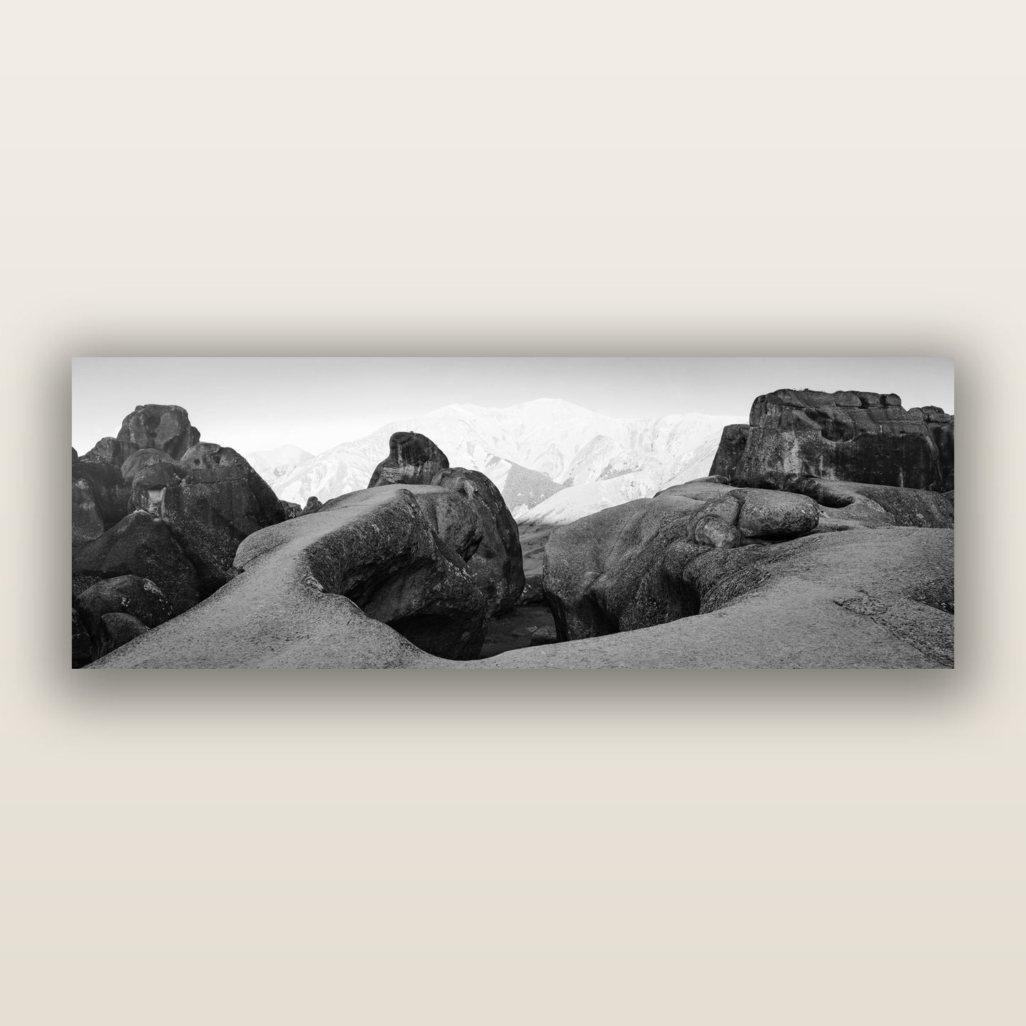 Guardians of Stone, Castle Hill — black and white frameless acrylic glass print. New Zealand fine art photography by Stephen Milner.