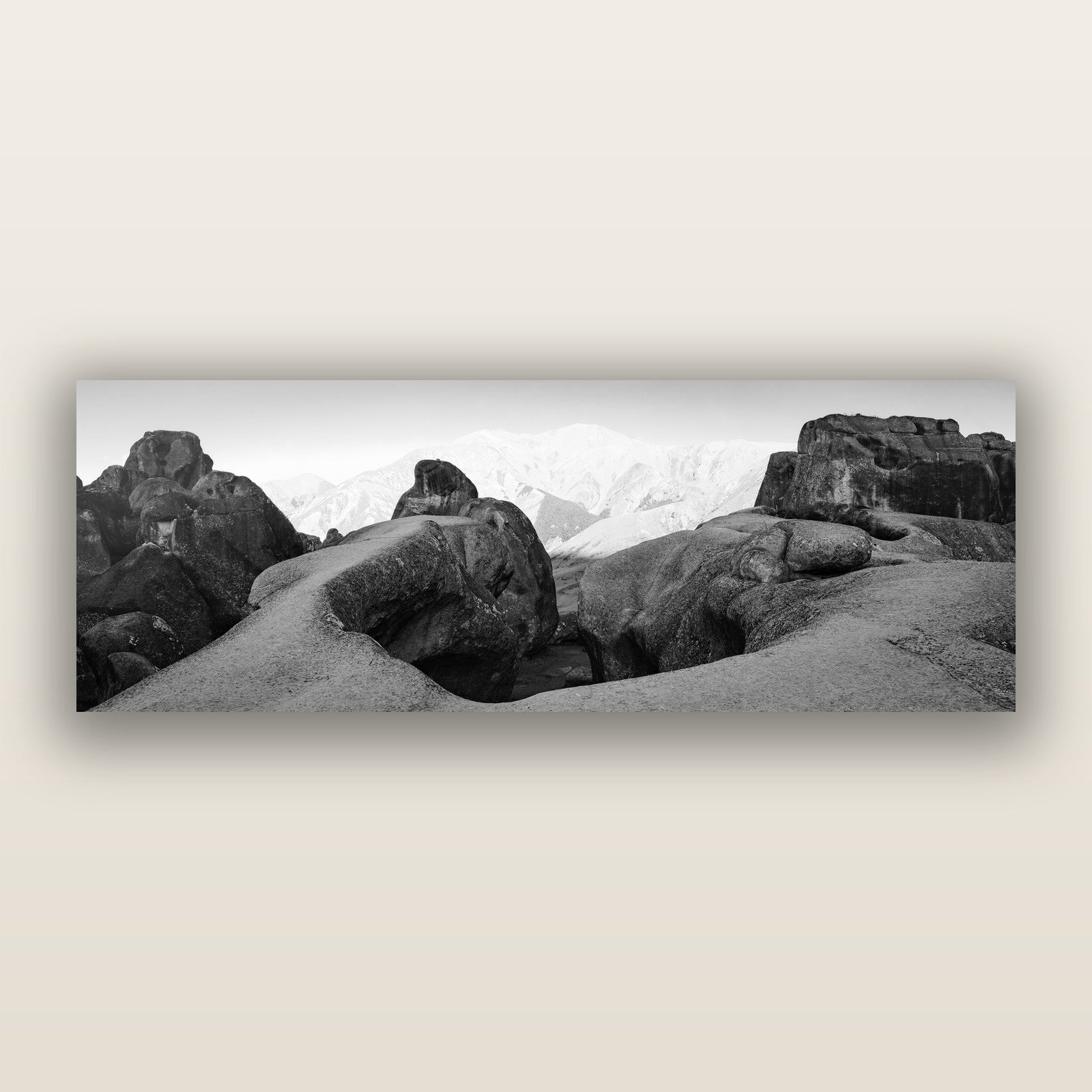 Guardians of Stone, Castle Hill, black and white frameless acrylic glass print. New Zealand fine art photography by Stephen Milner.