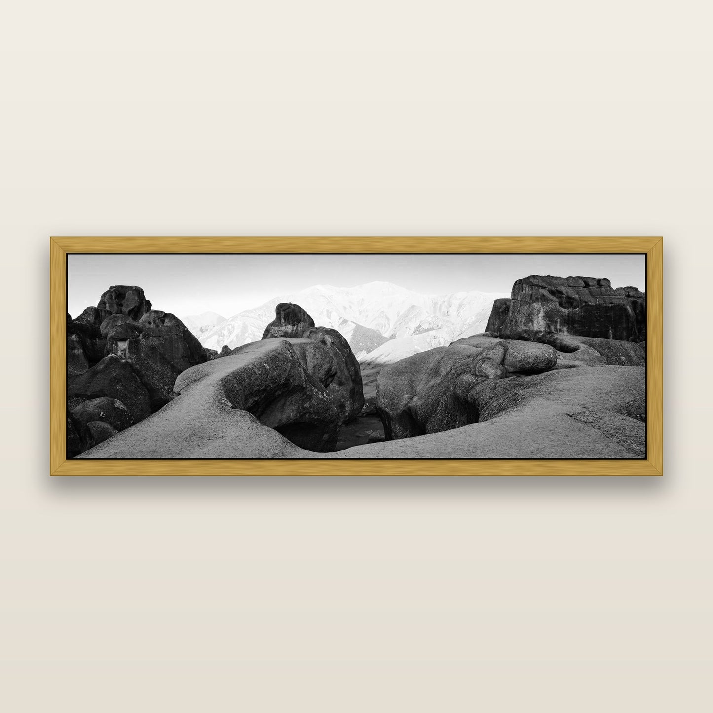Guardians of Stone, Castle Hill — black and white framed metallic canvas print, Antique Gold frame. New Zealand fine art wall art by Stephen Milner.