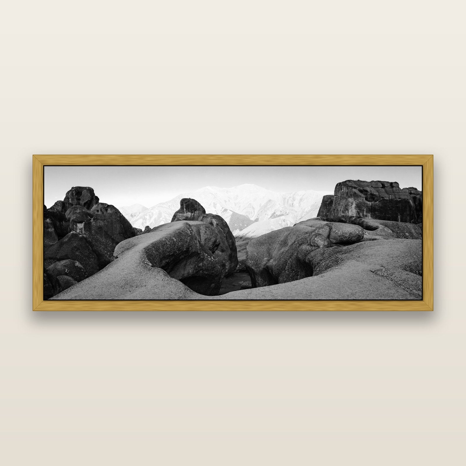 Guardians of Stone, Castle Hill, black and white framed metallic canvas print, Antique Gold frame. New Zealand fine art wall art by Stephen Milner.