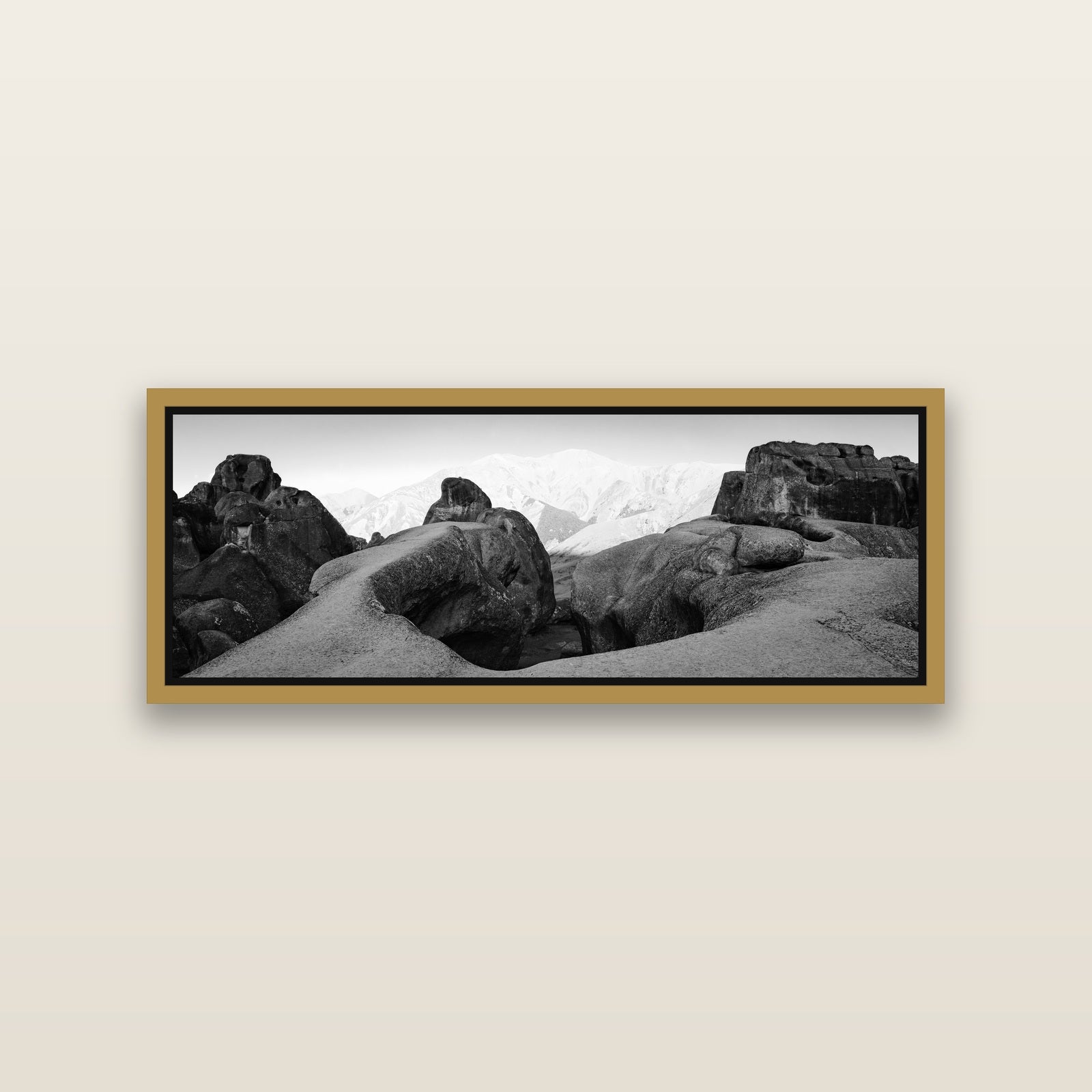 Guardians of Stone, Castle Hill — Antique Gold framed metallic canvas print, small 86 × 30 cm. New Zealand fine art landscape wall art by Stephen Milner.