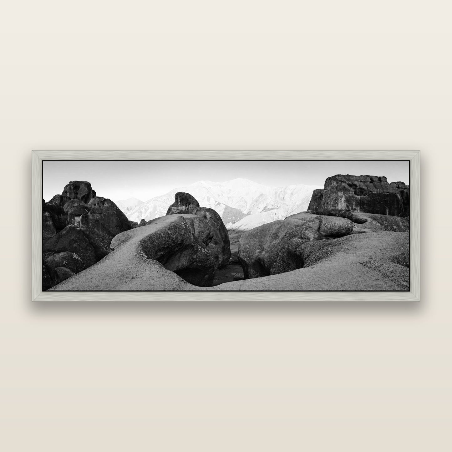 Guardians of Stone, Castle Hill — black and white framed metallic canvas print, Antique Silver frame. New Zealand fine art wall art by Stephen Milner.