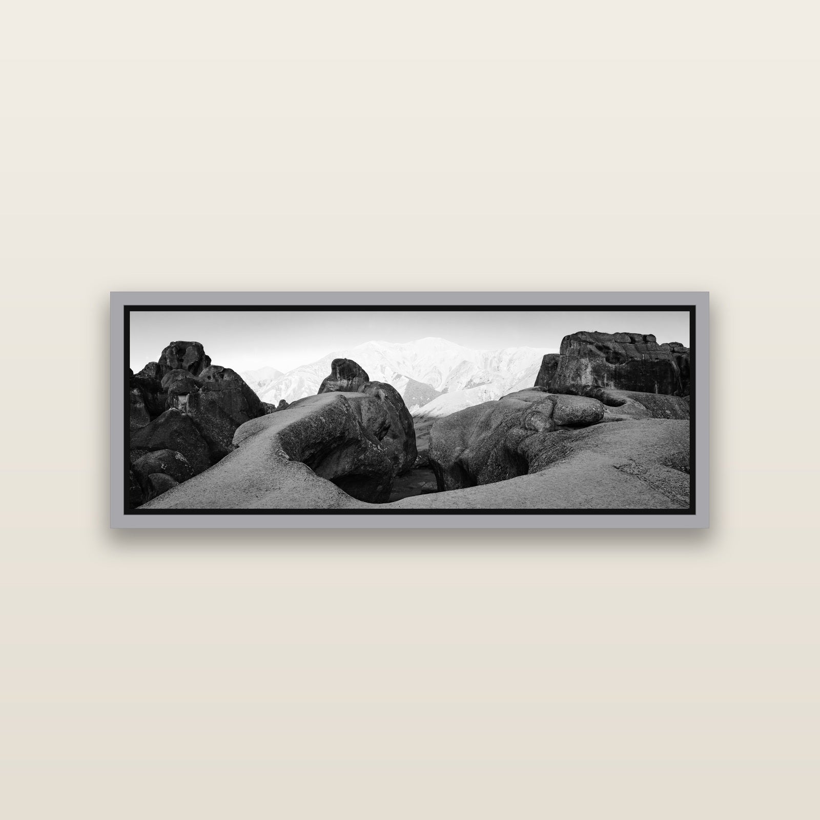 Guardians of Stone, Castle Hill — Antique Silver framed metallic canvas print, small 86 × 30 cm. New Zealand fine art landscape wall art by Stephen Milner.