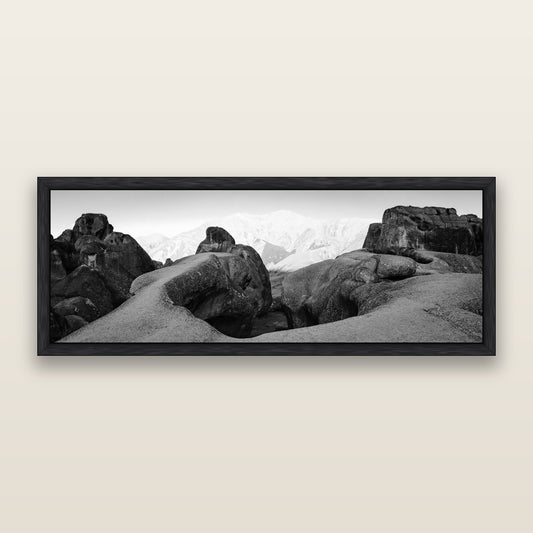 Guardians of Stone, Castle Hill, black and white framed metallic canvas print, Black frame. New Zealand fine art wall art by Stephen Milner.