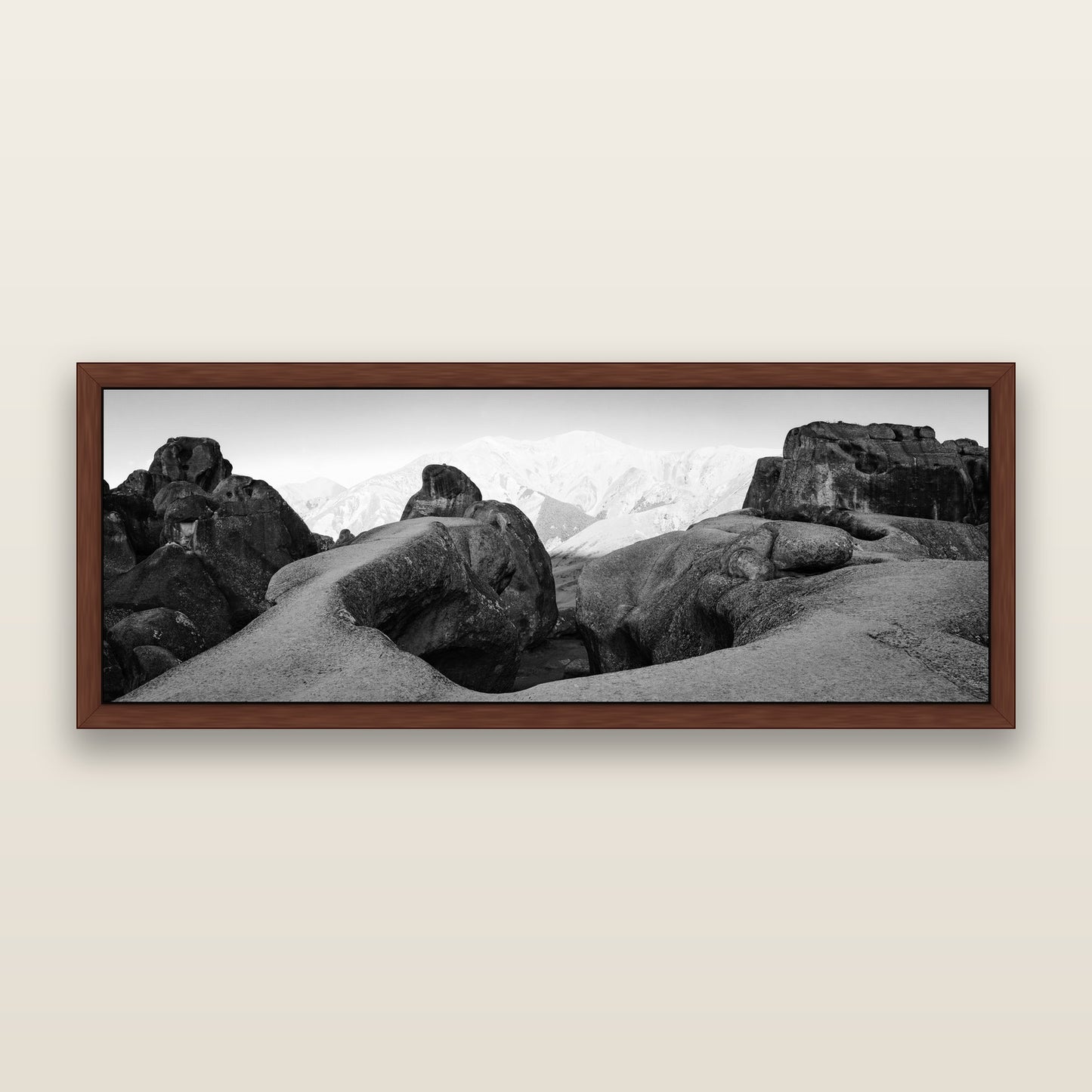 Guardians of Stone, Castle Hill — black and white framed metallic canvas print, Brown frame. New Zealand fine art wall art by Stephen Milner.