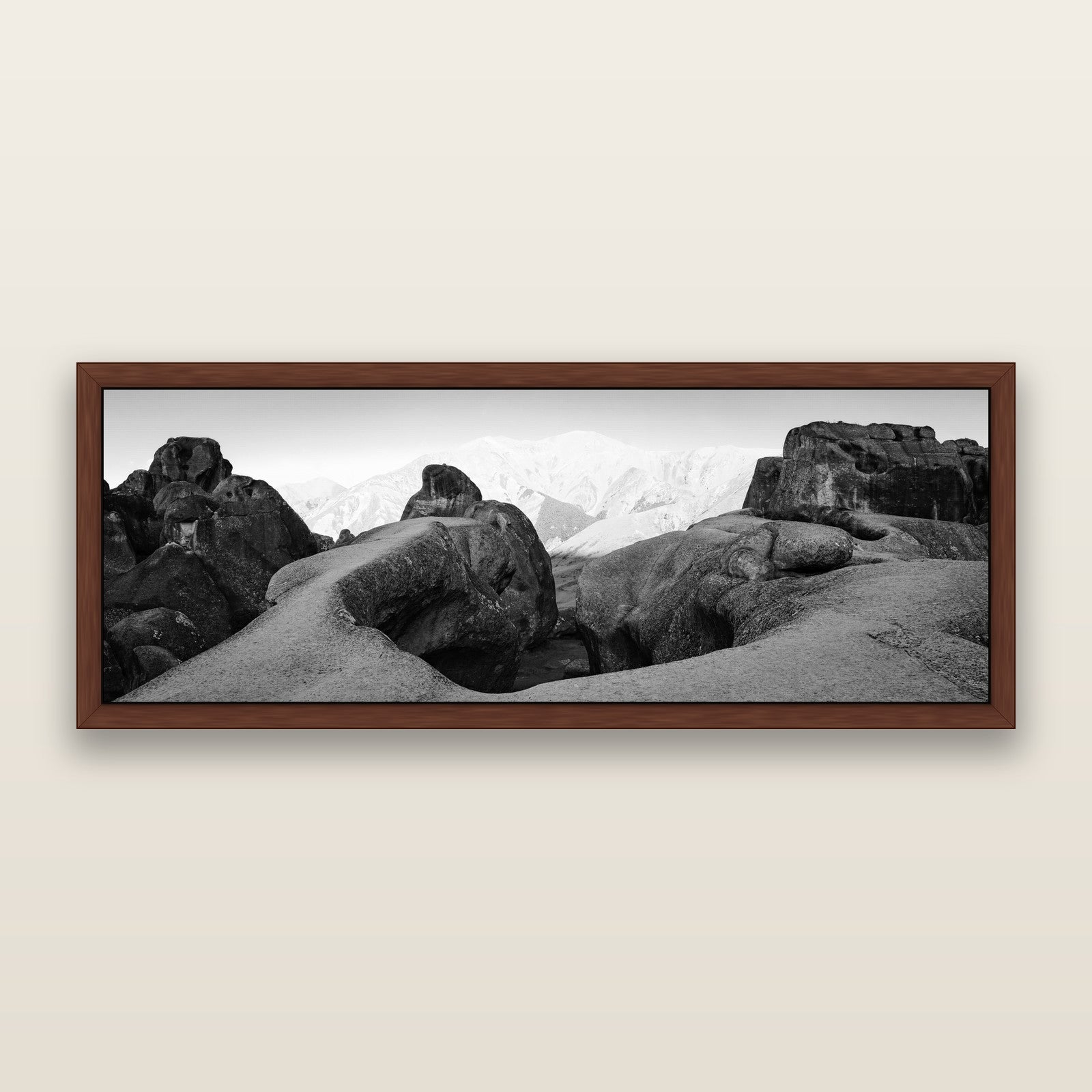 Guardians of Stone, Castle Hill, black and white framed metallic canvas print, Brown frame. New Zealand fine art wall art by Stephen Milner.