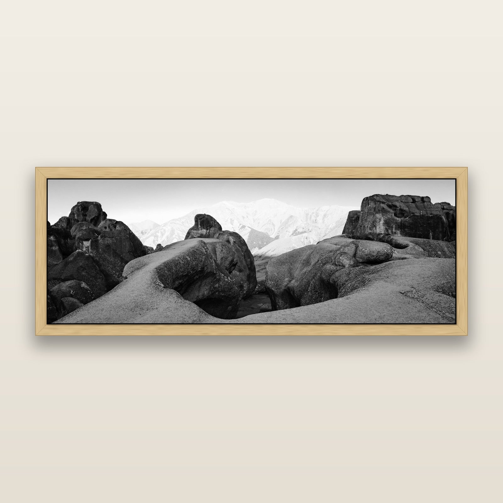 Guardians of Stone, Castle Hill, black and white framed metallic canvas print, Natural frame. New Zealand fine art wall art by Stephen Milner.