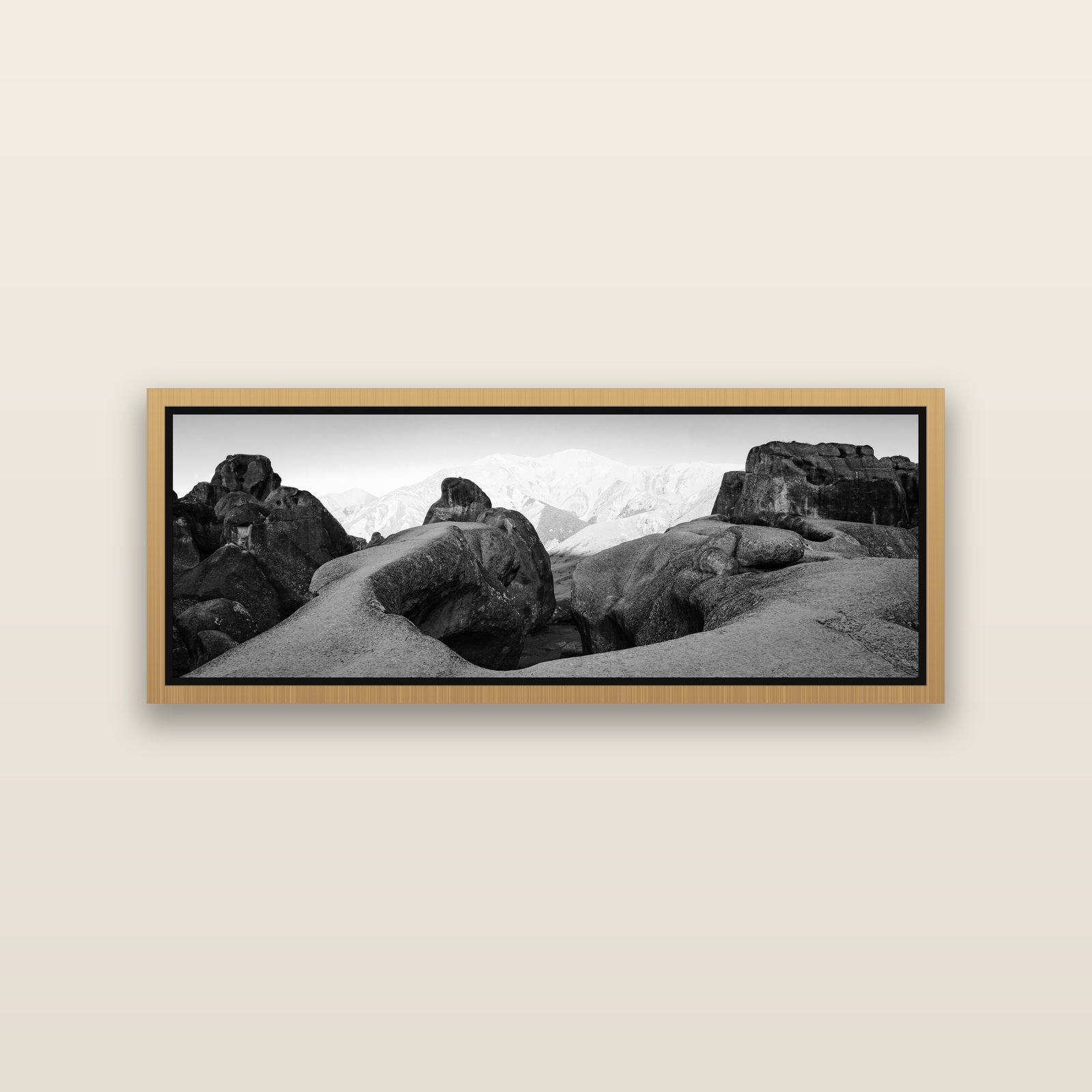 Guardians of Stone, Castle Hill — Natural framed metallic canvas print, small 86 × 30 cm. New Zealand fine art landscape wall art by Stephen Milner.