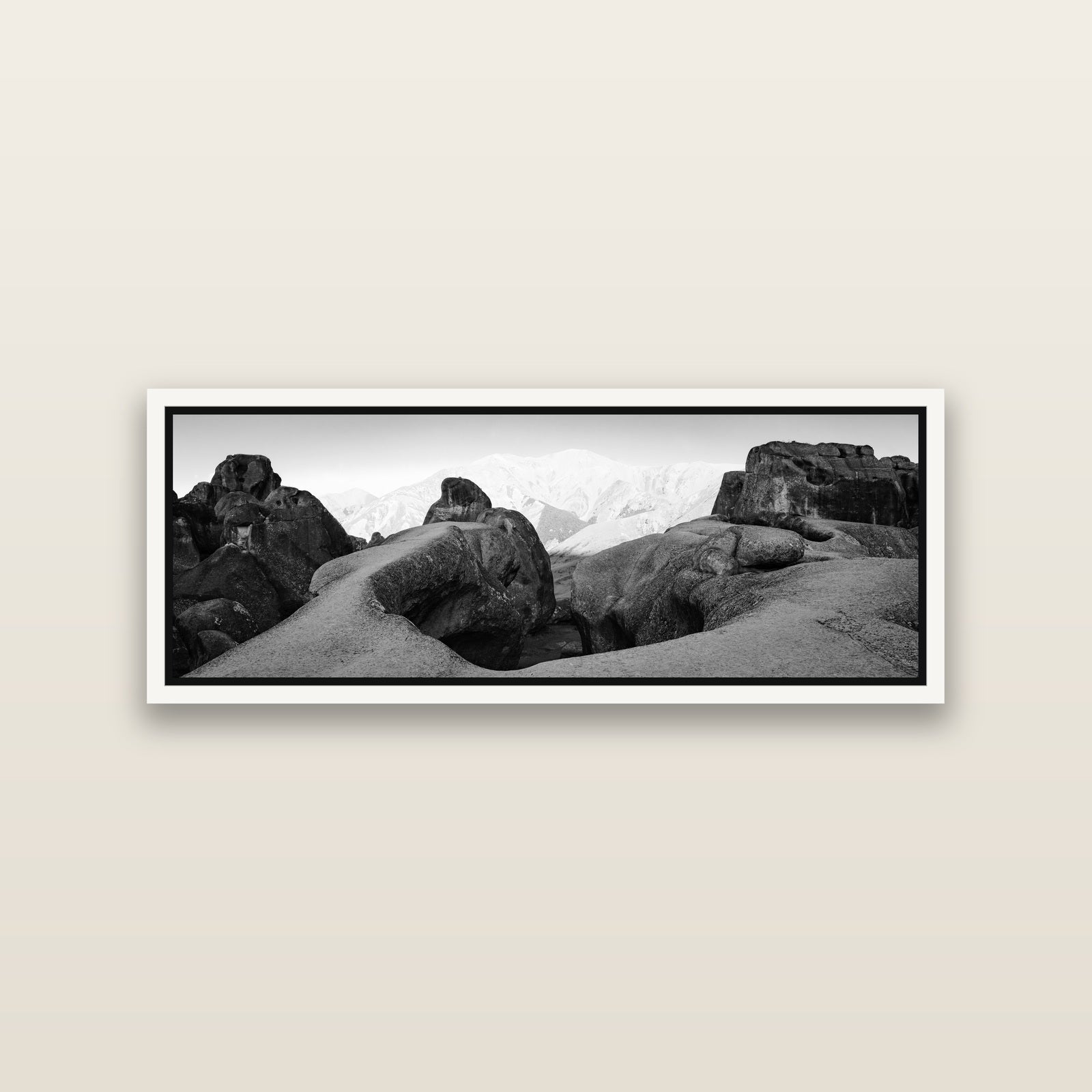 Guardians of Stone, Castle Hill — White framed metallic canvas print, small 86 × 30 cm. New Zealand fine art landscape wall art by Stephen Milner.