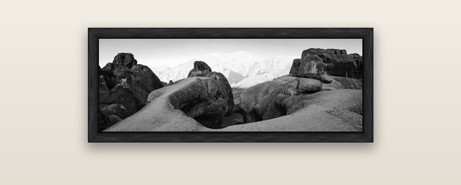 Guardians of Stone, Castle Hill — black float frame canvas, 102 × 36 cm. New Zealand fine art landscape wall art by Stephen Milner.