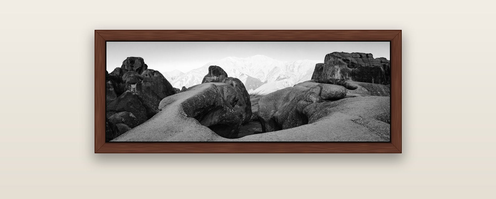 Guardians of Stone, Castle Hill — brown float frame canvas, 102 × 36 cm. New Zealand fine art landscape wall art by Stephen Milner.