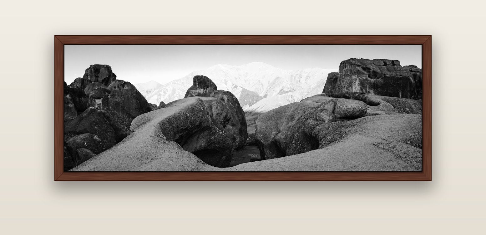 Guardians of Stone, Castle Hill — brown float frame canvas, 152 × 56 cm. New Zealand fine art landscape wall art by Stephen Milner.