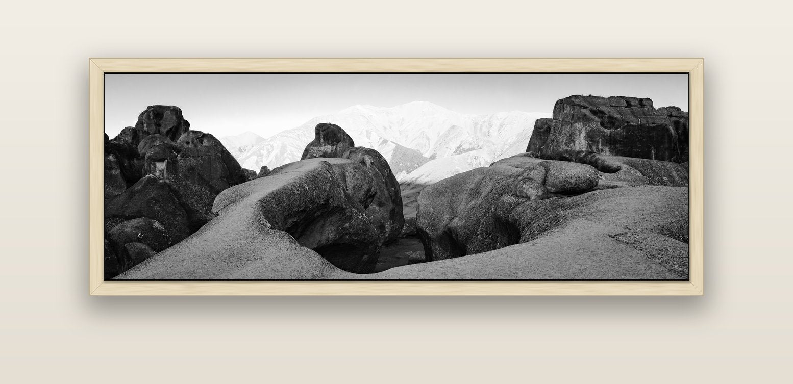 Guardians of Stone, Castle Hill — natural float frame canvas, 152 × 56 cm. New Zealand fine art landscape wall art by Stephen Milner.