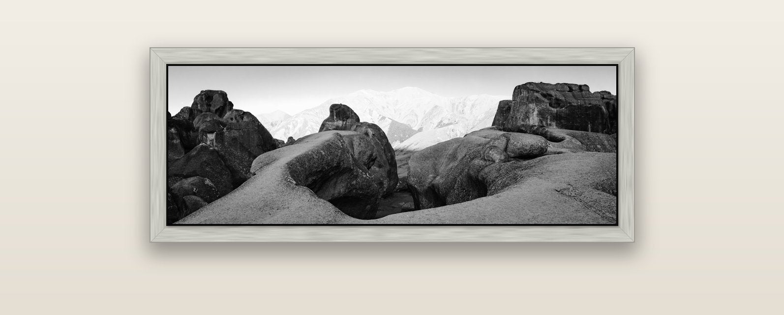 Guardians of Stone, Castle Hill — silver float frame canvas, 102 × 36 cm. New Zealand fine art landscape wall art by Stephen Milner.