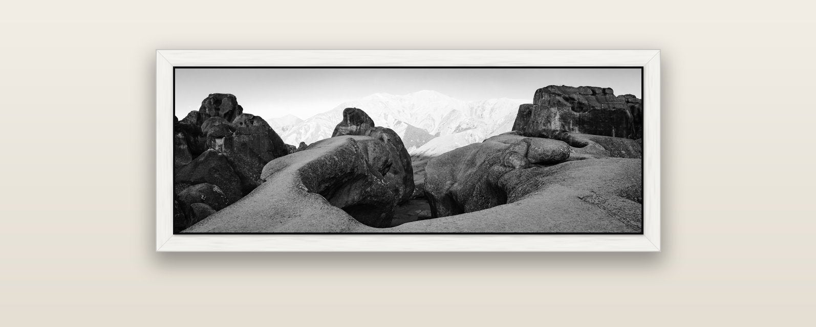 Guardians of Stone, Castle Hill — white float frame canvas, 102 × 36 cm. New Zealand fine art landscape wall art by Stephen Milner.