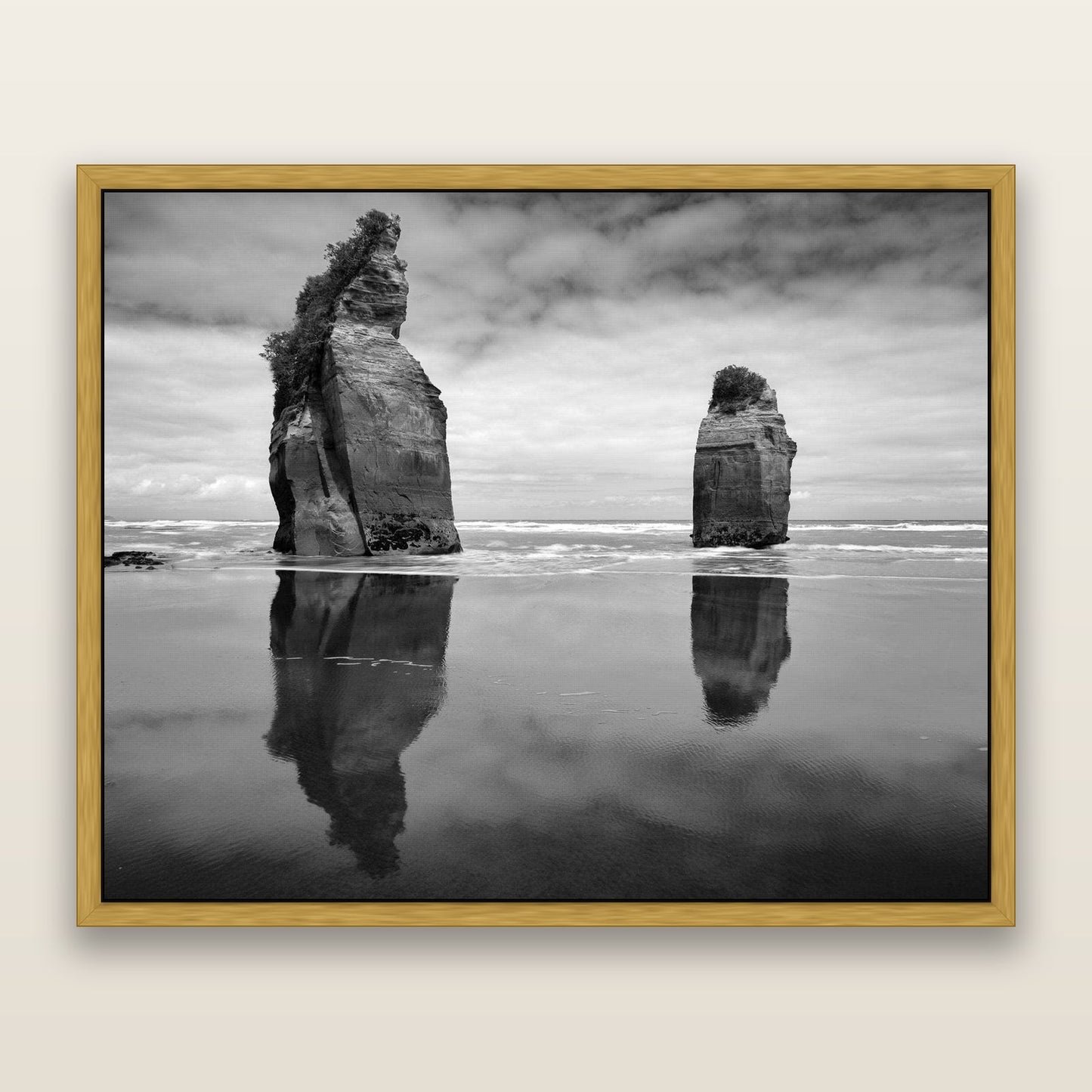 Guardians of the Ocean, Taranaki — framed metallic canvas print, Antique Gold frame. New Zealand fine art landscape wall art by Stephen Milner.