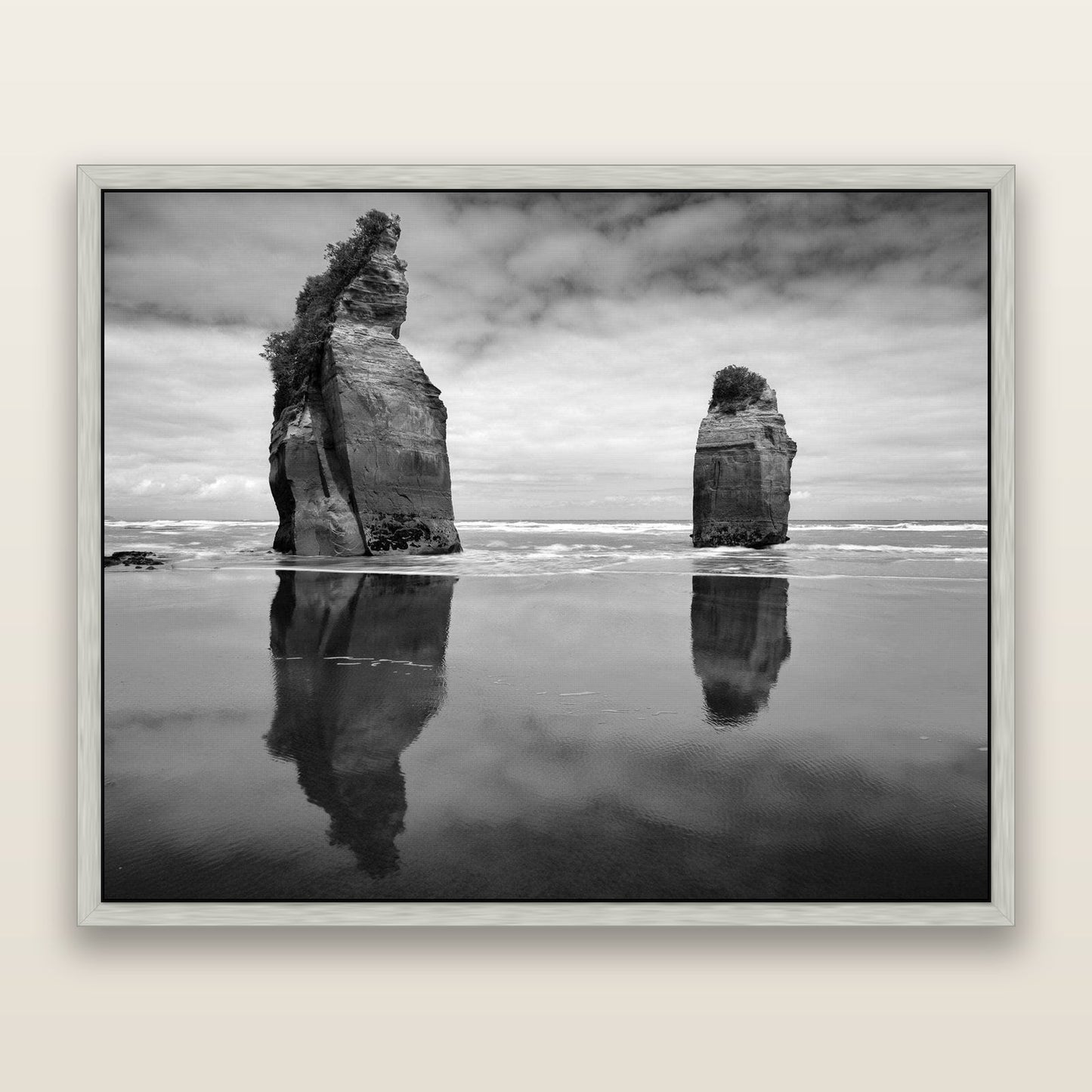 Guardians of the Ocean, Taranaki — framed metallic canvas print, Antique Silver frame. New Zealand fine art landscape wall art by Stephen Milner.